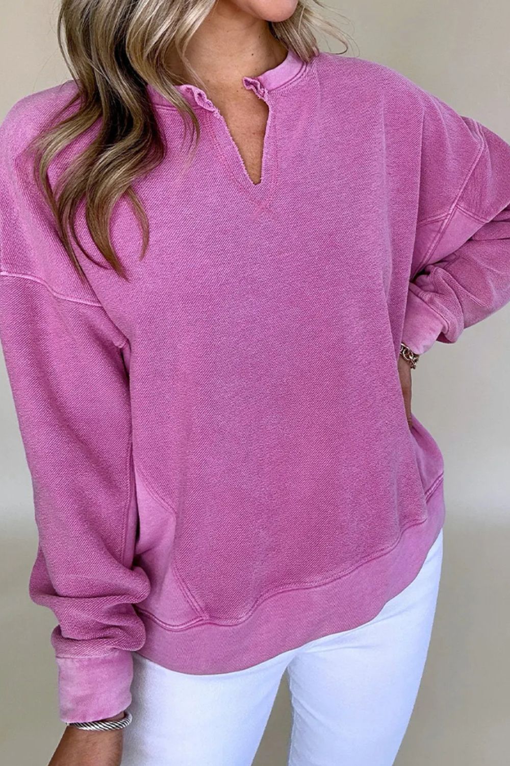 Notched Dropped Shoulder Long Sleeve Sweatshirt Cerise Long Sleeve Tops JT's Designer Fashion