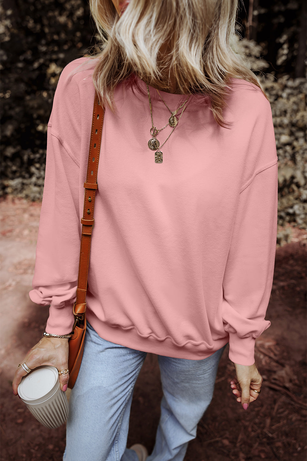 Pink Loose Drop Shoulder Ribbed Sweatshirt Sweatshirts & Hoodies JT's Designer Fashion