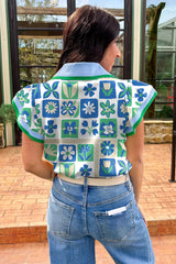 Green Floral Plaid Colorblock Trim Collar Flutter Sleeve Blouse Pre Order Tops JT's Designer Fashion