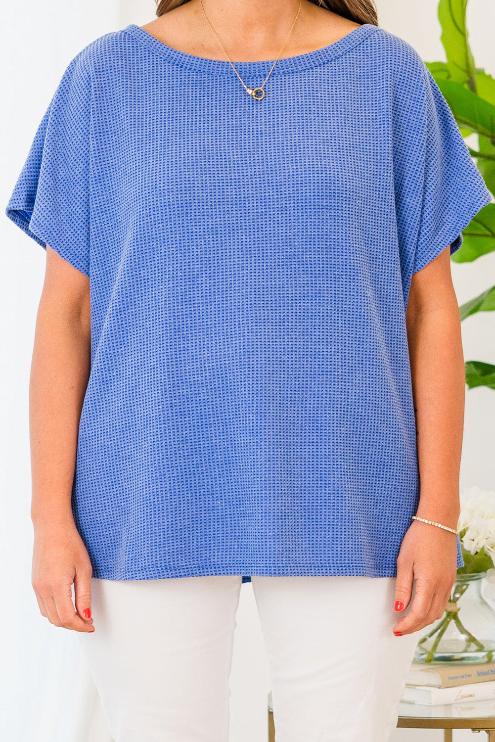 Sky Blue Waffle Knit Textured Plus Tee Plus Size JT's Designer Fashion