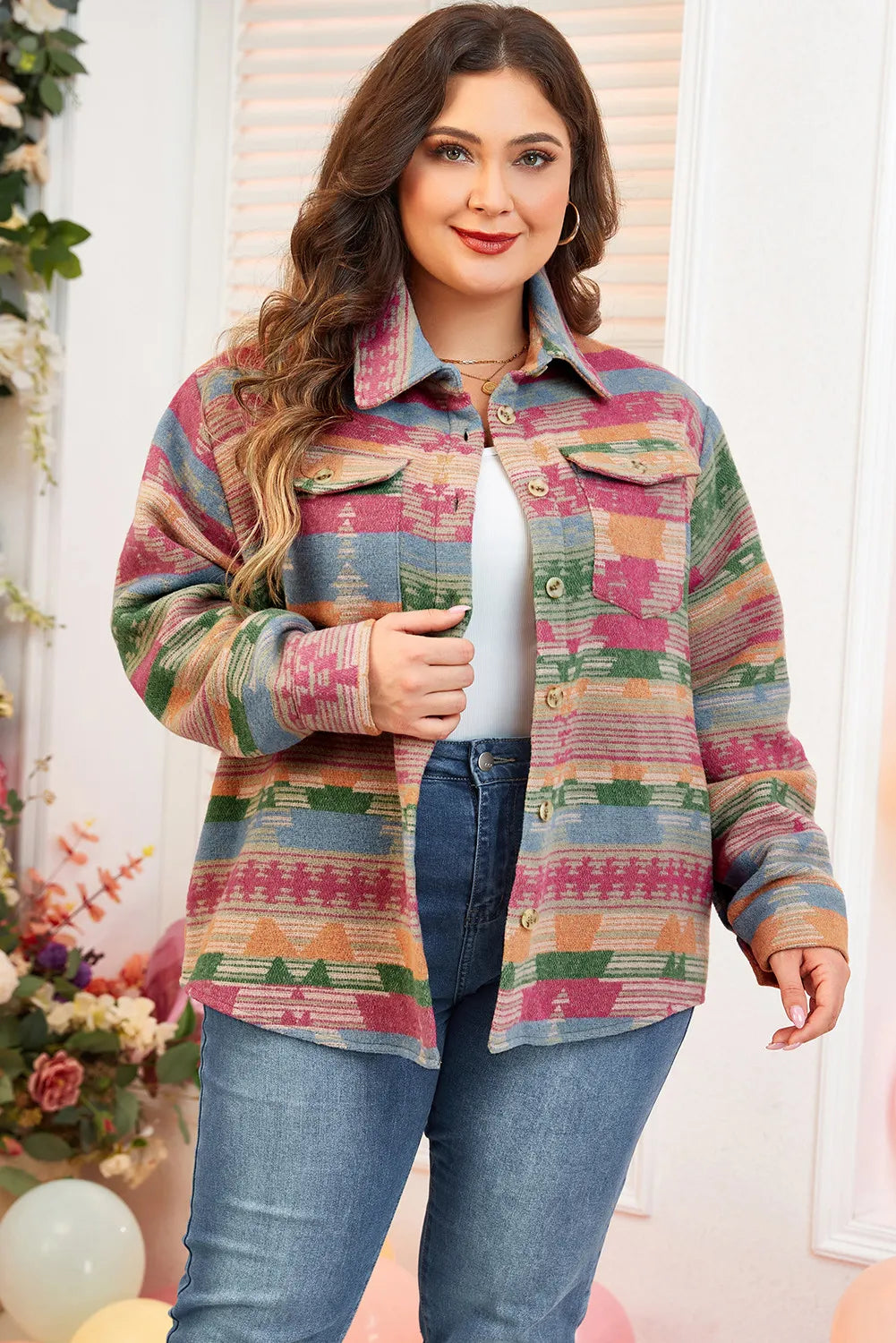 Plus Size Pocketed Printed Collared Neck Jacket Long Sleeve Tops JT's Designer Fashion