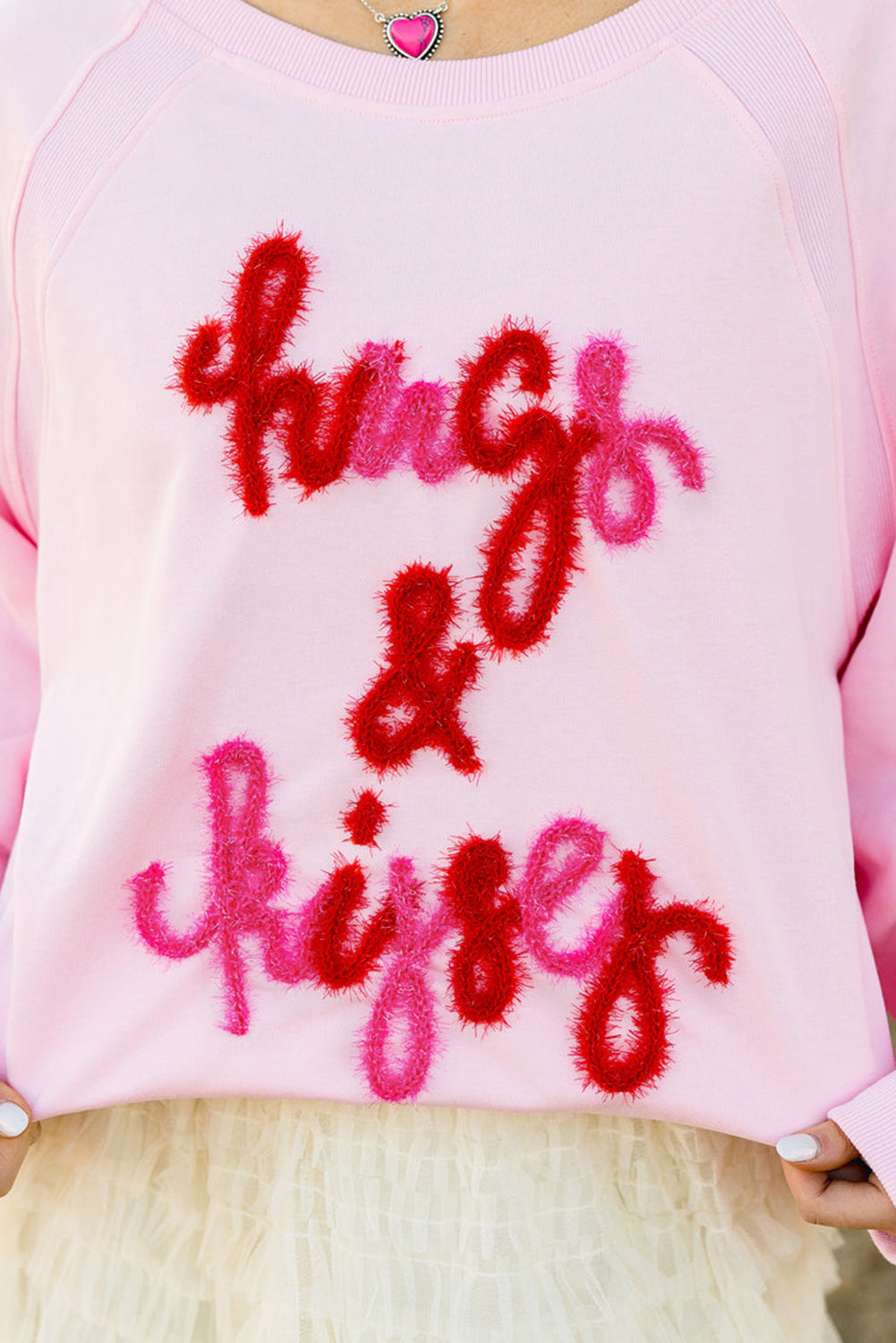 Pink Hugs and Kisses Pop Up Embroidered Raglan Sleeve Sweatshirt Sweatshirts & Hoodies JT's Designer Fashion