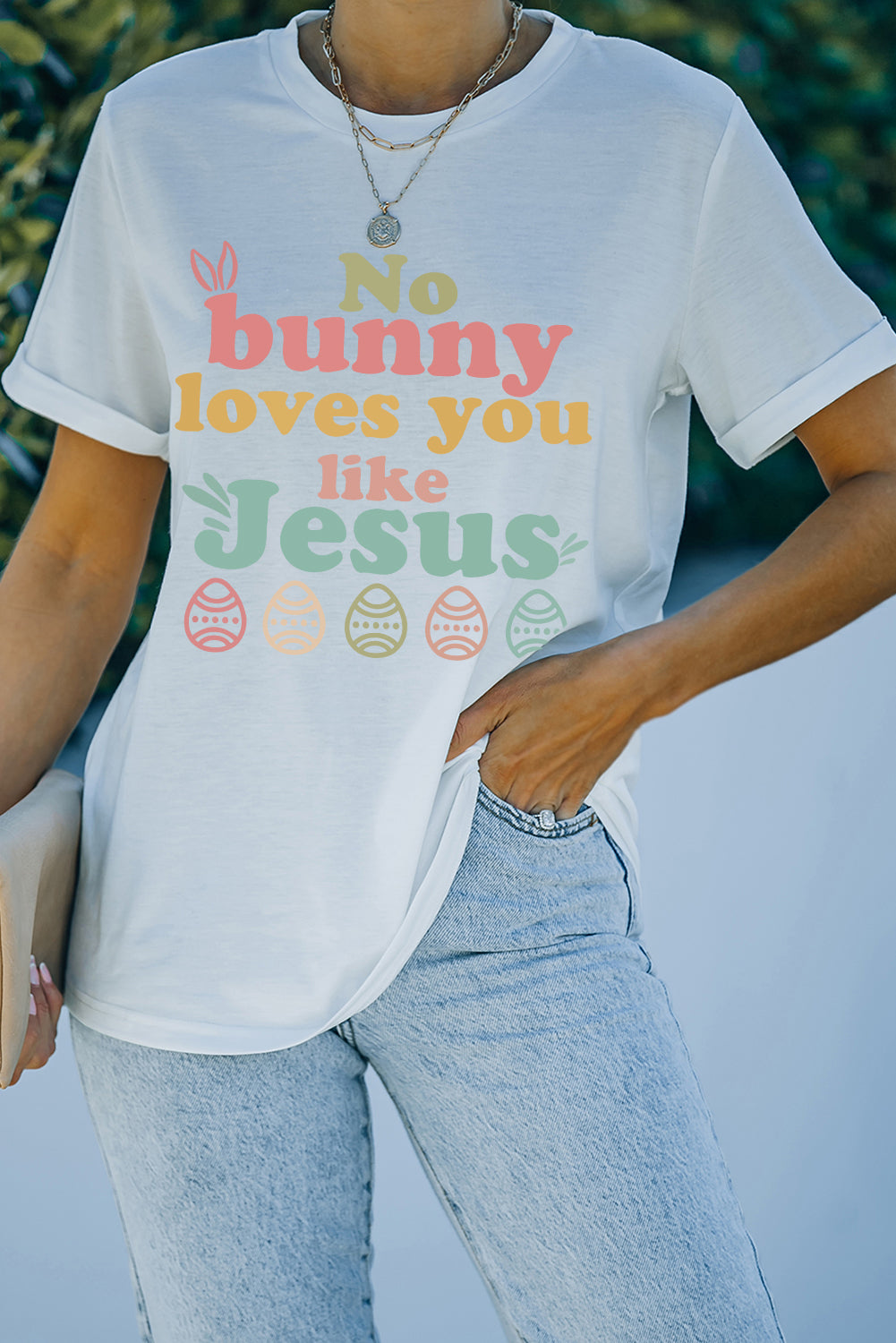 White No bunny loves you like Jesus Graphic Easter Day T-shirt Graphic Tees JT's Designer Fashion