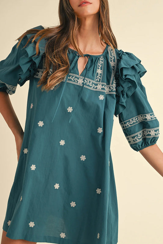 Skobeloff Boho Floral Ruffle Puff Sleeve Lace-up V Neck Mini Dress Floral Dresses JT's Designer Fashion
