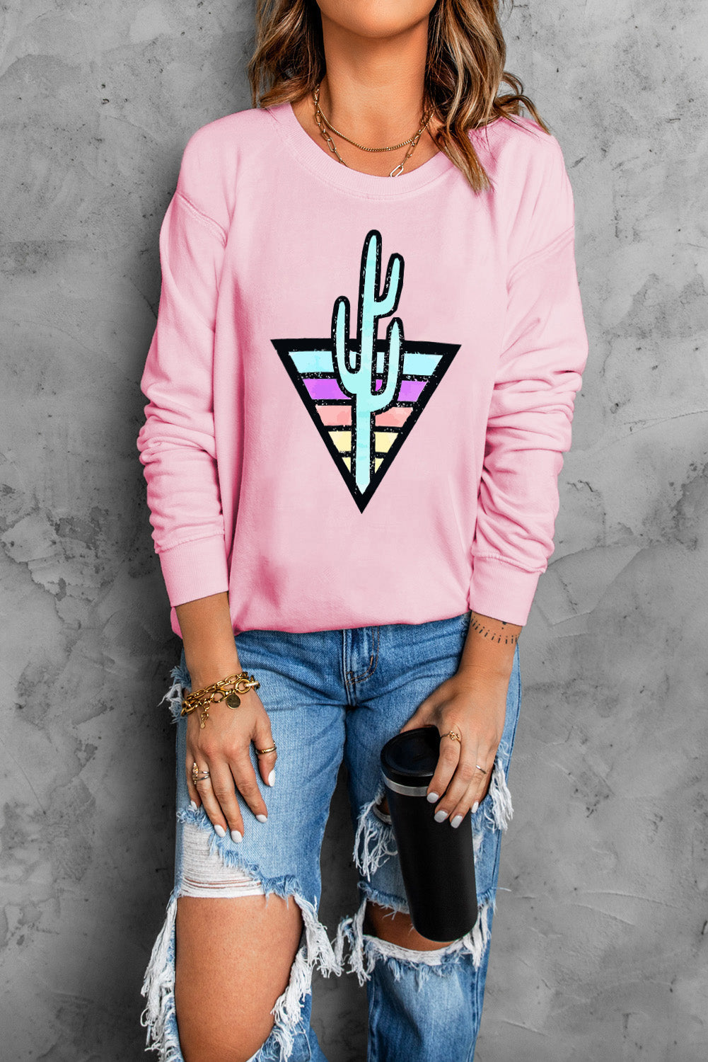 Pink Western Cactus Color Block Pullover Sweatshirt Graphic Sweatshirts JT's Designer Fashion