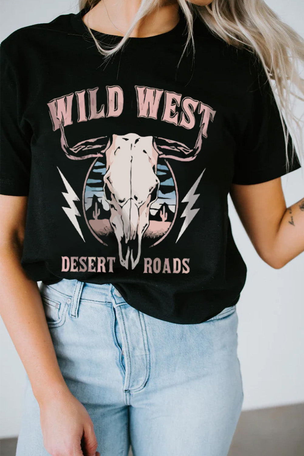 Black Wild West Desert Roads Steer Head Graphic Tee Graphic Tees JT's Designer Fashion