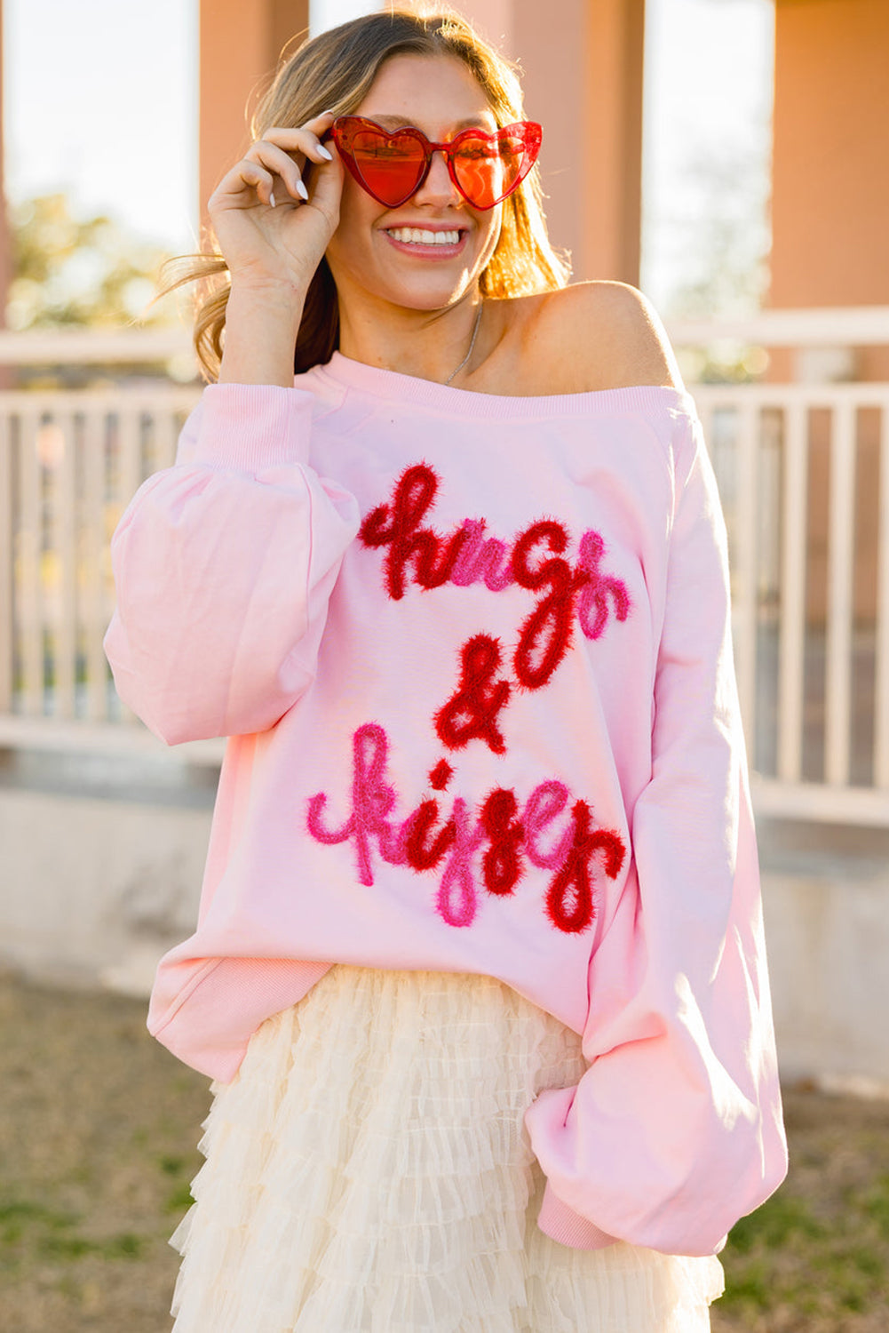 Pink Hugs and Kisses Pop Up Embroidered Raglan Sleeve Sweatshirt Sweatshirts & Hoodies JT's Designer Fashion