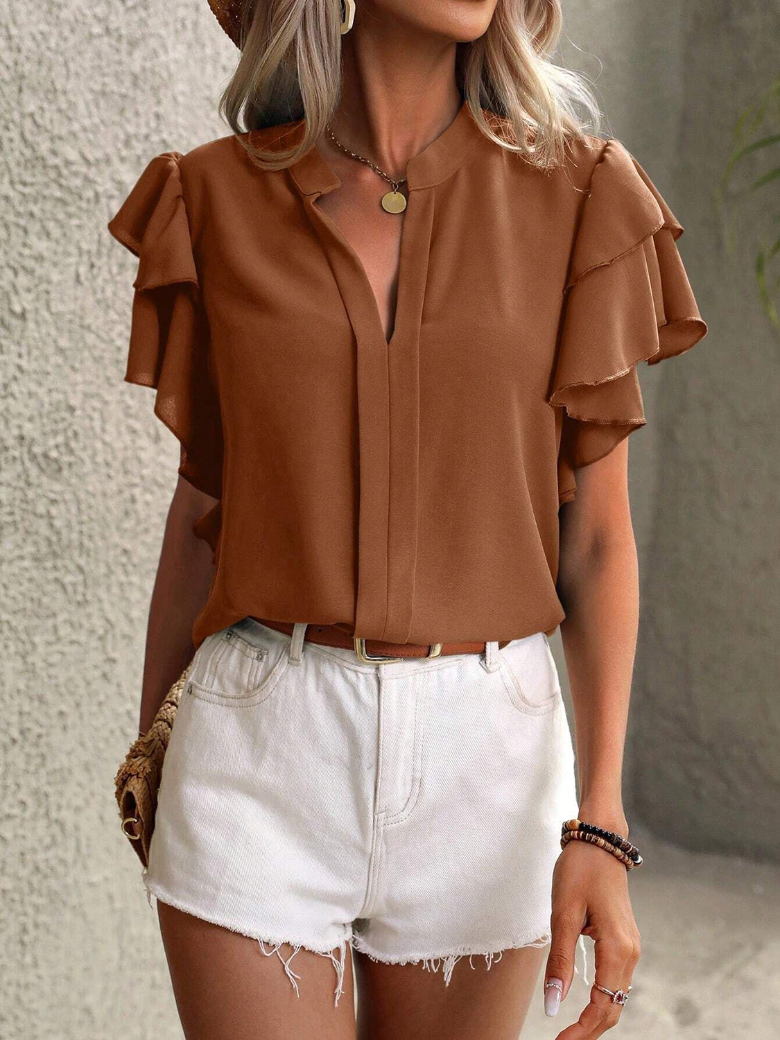 Ruffled Notched Short Sleeve Blouse Brown Blouses & Shirts JT's Designer Fashion