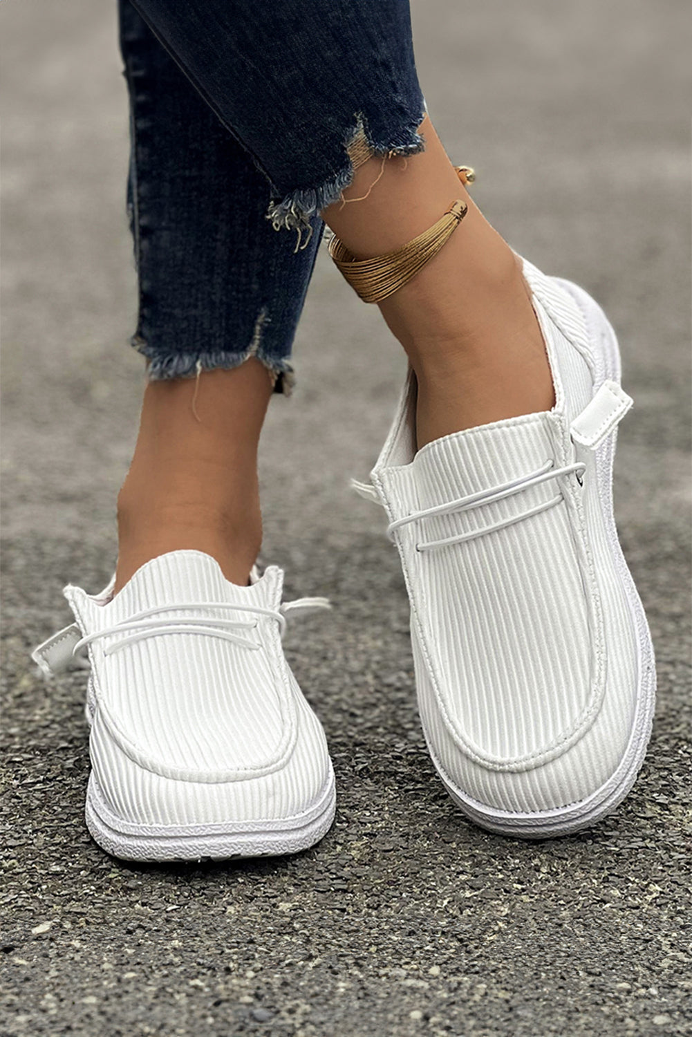 White Ribbed Lace-up Decor Slip On Shoes Women's Shoes JT's Designer Fashion