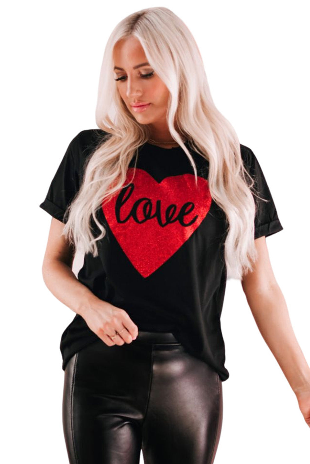 Black Love Heart Shaped Glitter Print T Shirt Graphic Tees JT's Designer Fashion