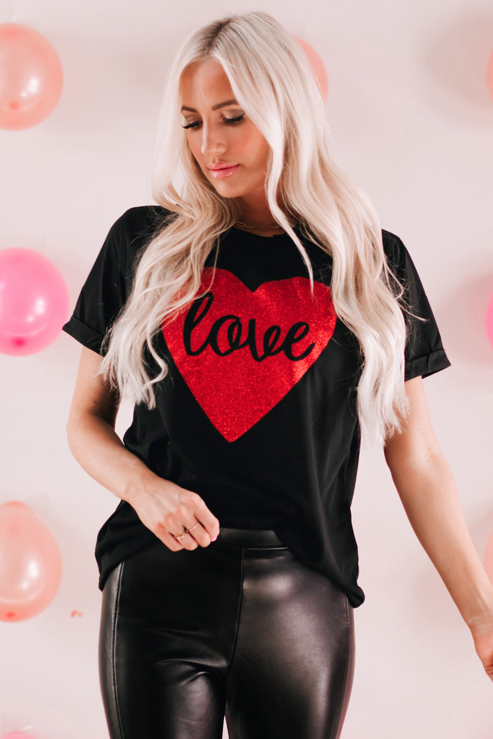 Black Love Heart Shaped Glitter Print T Shirt Graphic Tees JT's Designer Fashion