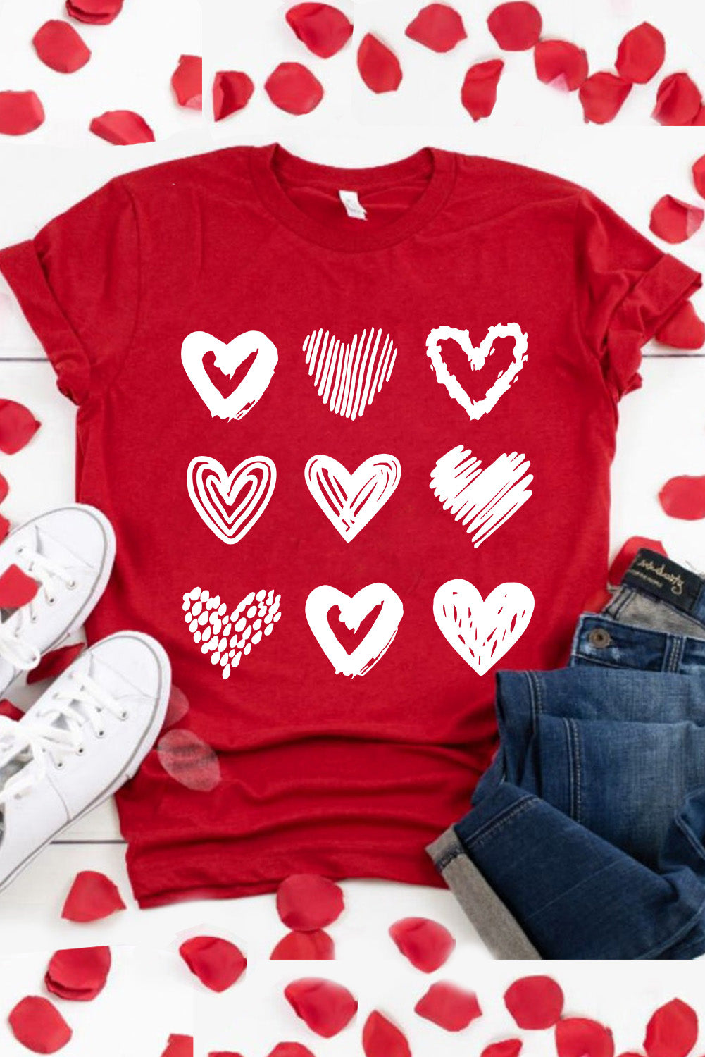 Fiery Red Valentines Heart Pattern Graphic Tee Graphic Tees JT's Designer Fashion