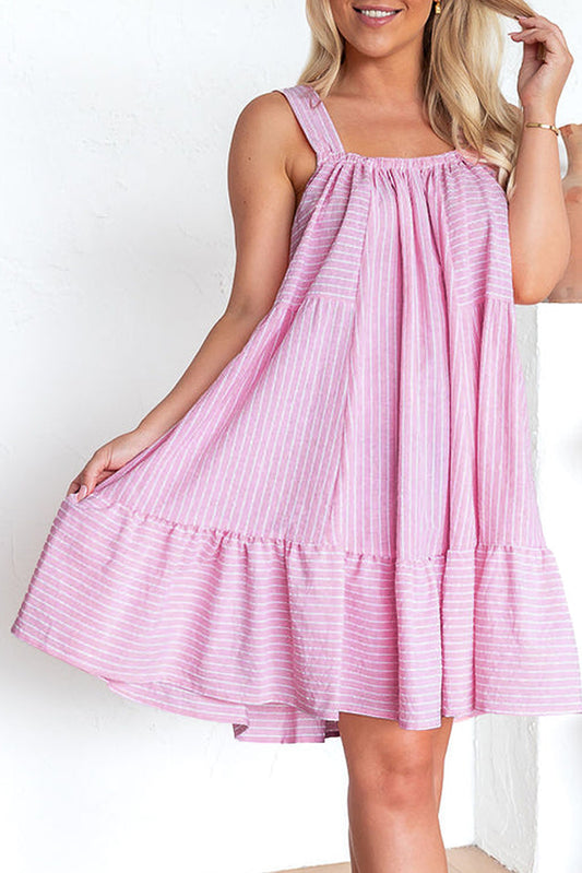 Pink Stripe Pinstriped Ruffled Hem Sleeveless Mini Flared Dress Mini Dresses JT's Designer Fashion