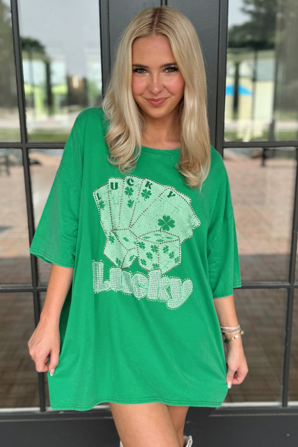 Bright Green Rhinestone Lucky Poker Cards Oversized T Shirt Mini Dress T Shirt Dresses JT's Designer Fashion