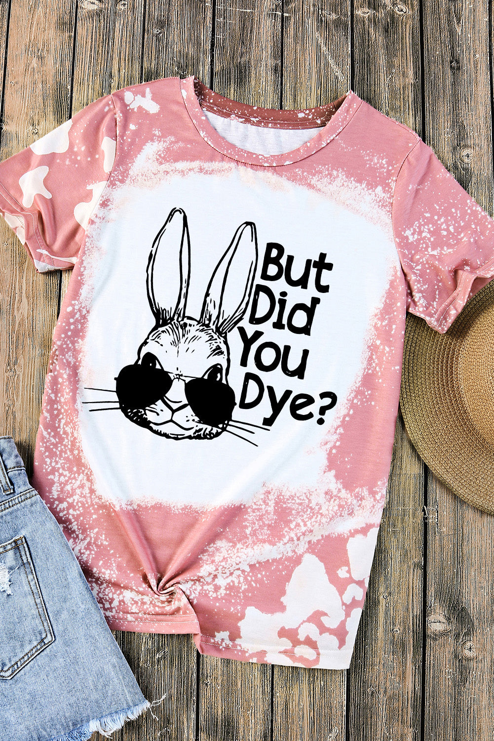 Pink Easter Rabbit Slogan Tie Dye Print Crewneck T Shirt Graphic Tees JT's Designer Fashion