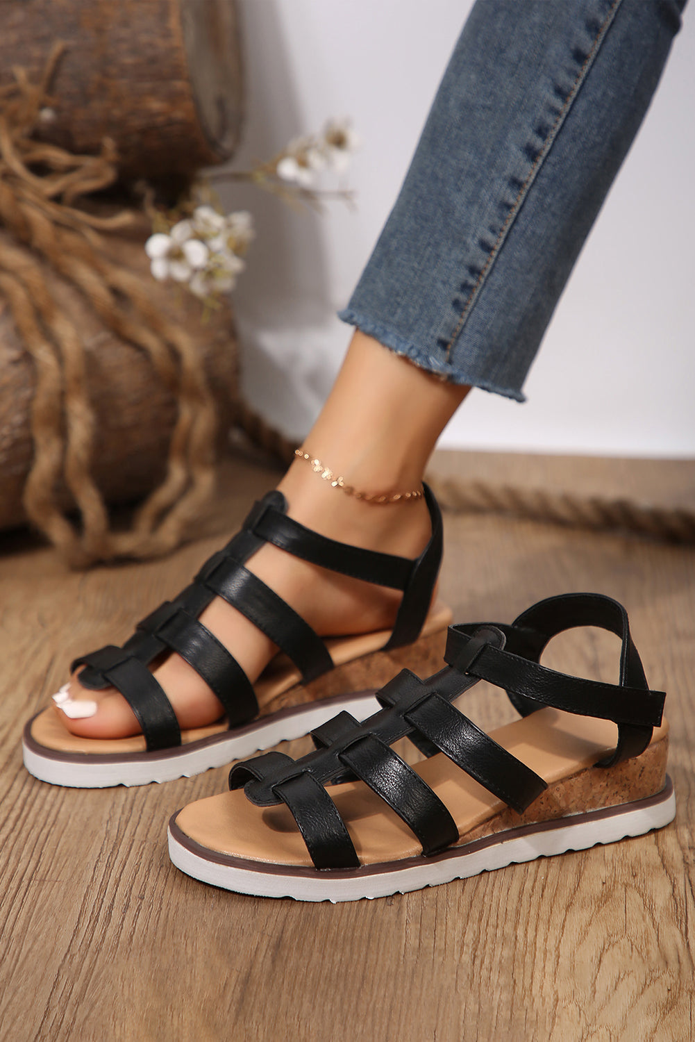 Black Hollowed Leather Straps Wedge Sandals Sandals JT's Designer Fashion