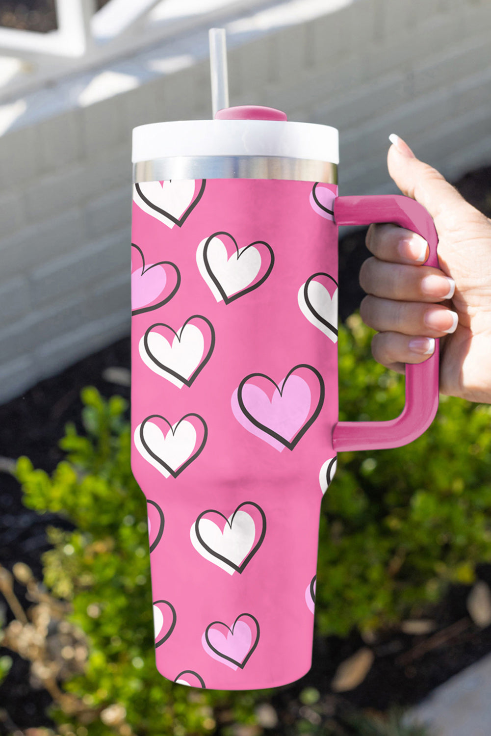 Rose Red Valentines Heart Printed Thermos Cup with Handle Tumblers JT's Designer Fashion