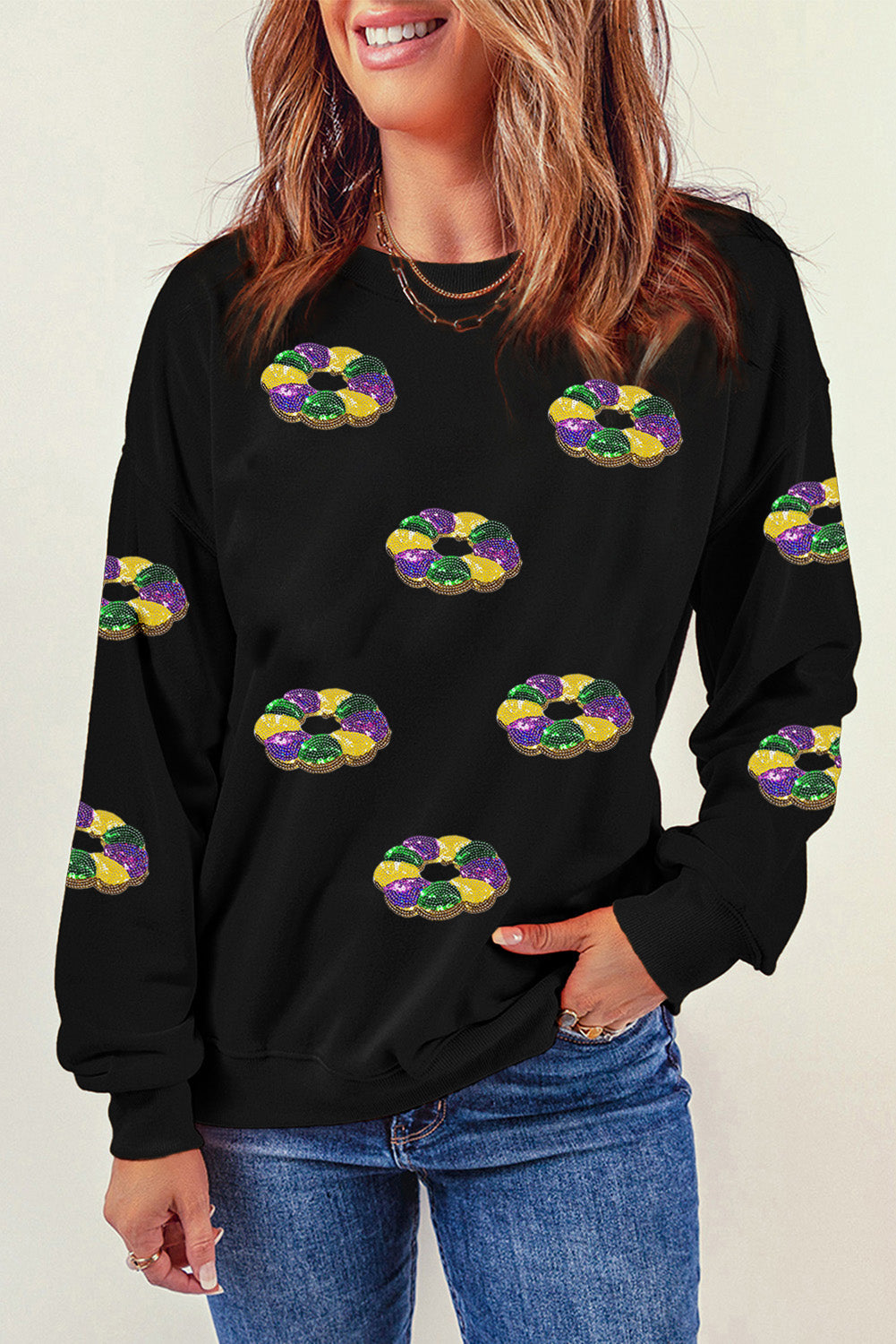 Black Sequined Donuts of Mardi Gras Colors Drop Shoulder Sweatshirt Graphic Sweatshirts JT's Designer Fashion