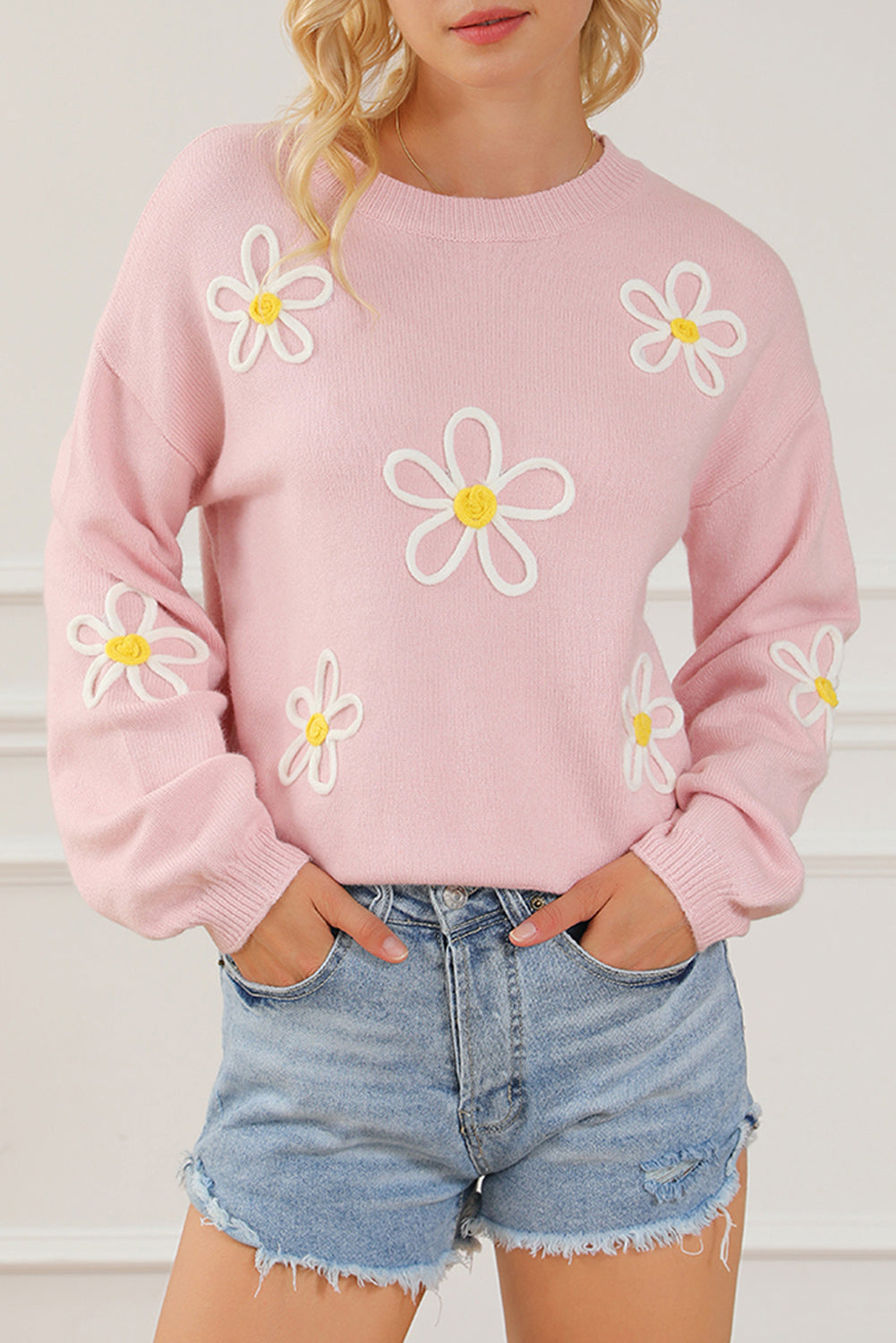 Pink Chenille Daisy Stitching Crew Neck Sweater Sweaters & Cardigans JT's Designer Fashion