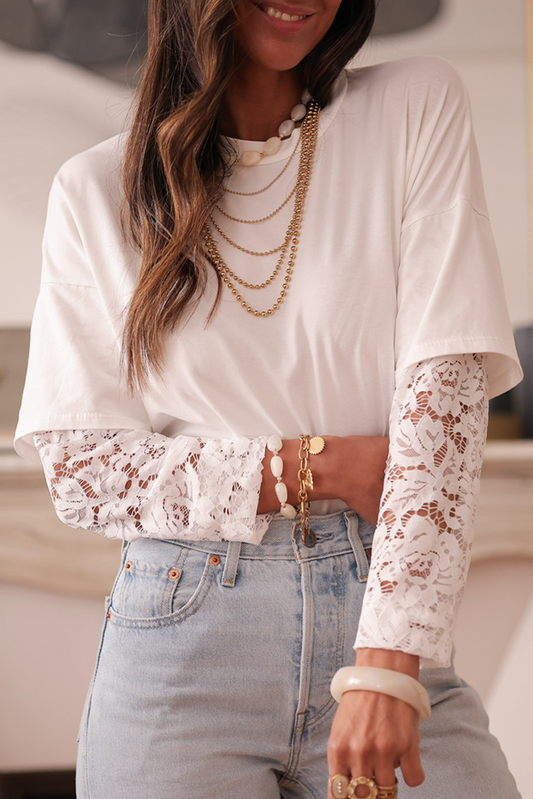 White Lace Long Sleeve Insert Drop Shoulder Tee Pre Order Tops JT's Designer Fashion