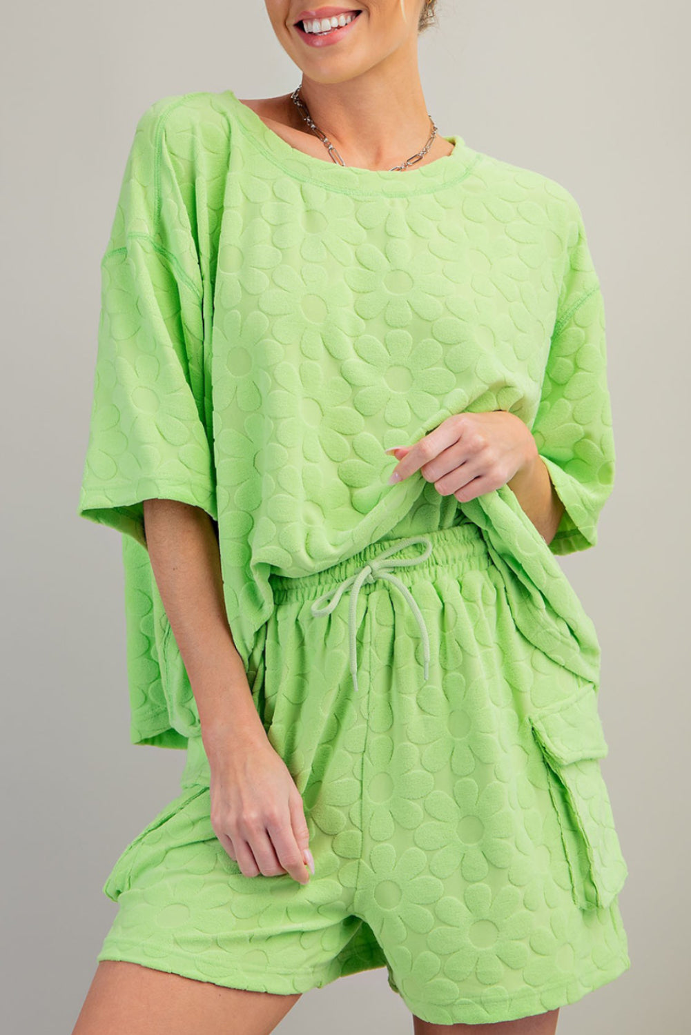 Light Green Floral Textured Short Sleeve Top and Shorts Lounge Set Pre Order Bottoms JT's Designer Fashion