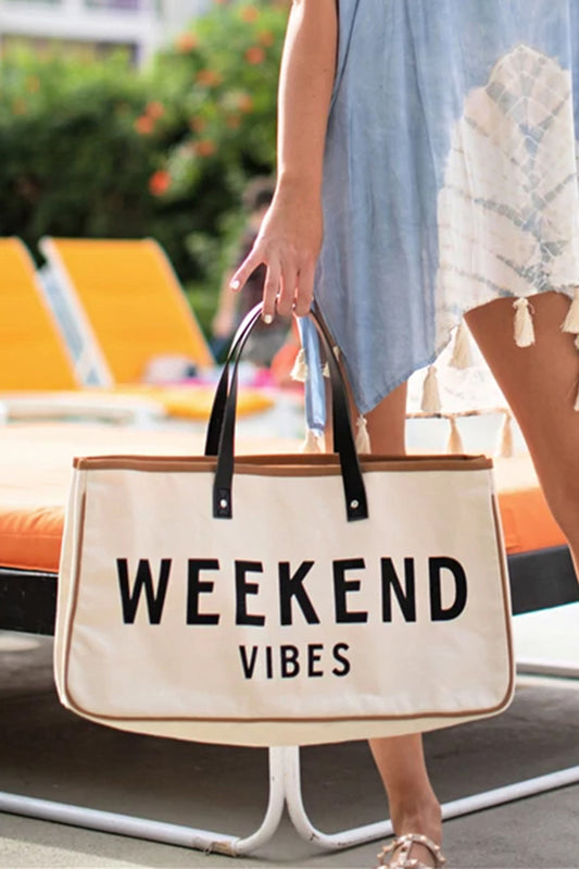 White WEEKEND VIBES Canvas Tote Handbags JT's Designer Fashion