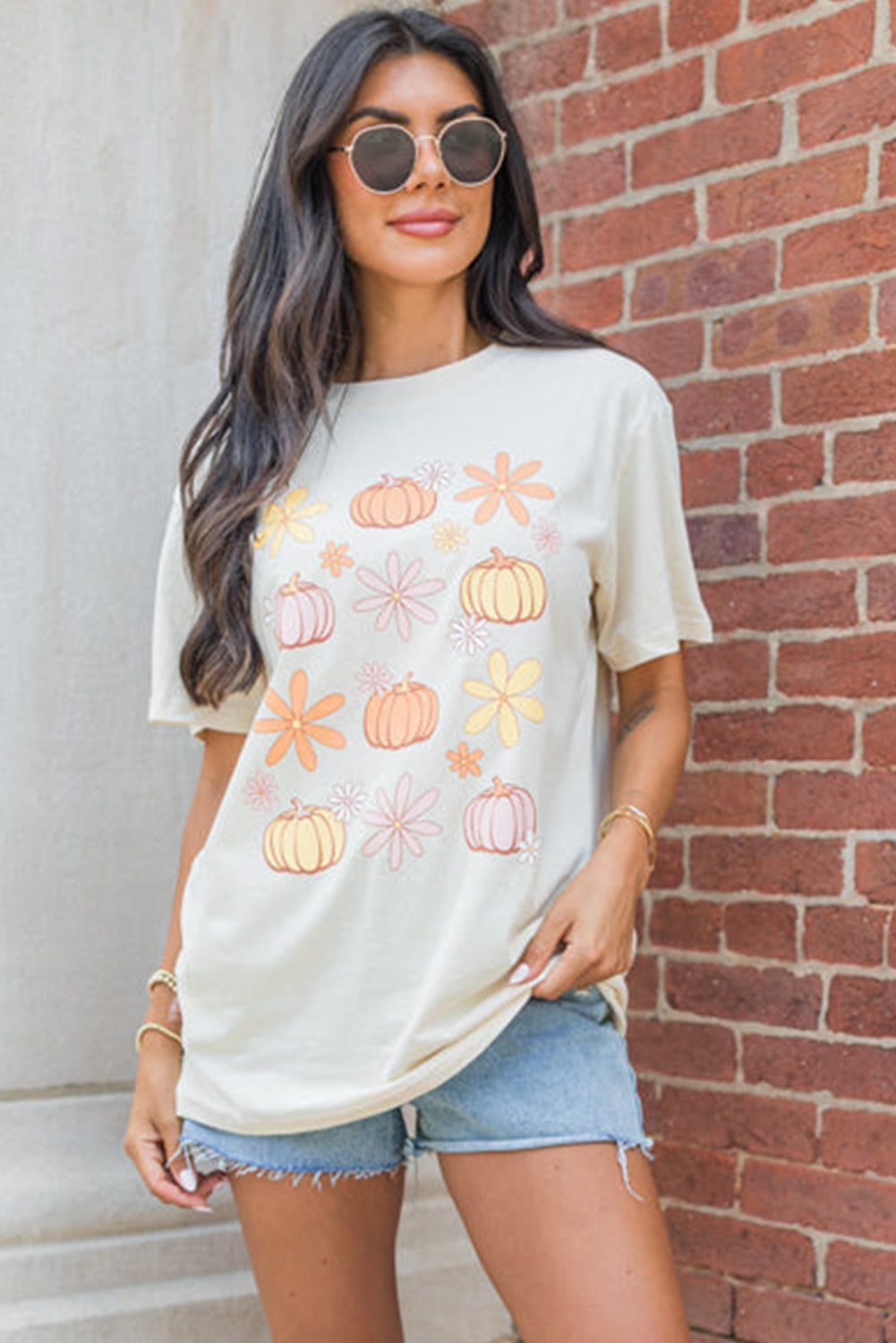 White Floral Pumpkin Graphic Crewneck Halloween T Shirt Graphic Tees JT's Designer Fashion