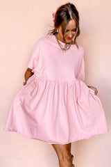 Light Pink Solid Color Pocketed Raw Edge Babydoll Dress Mini Dresses JT's Designer Fashion