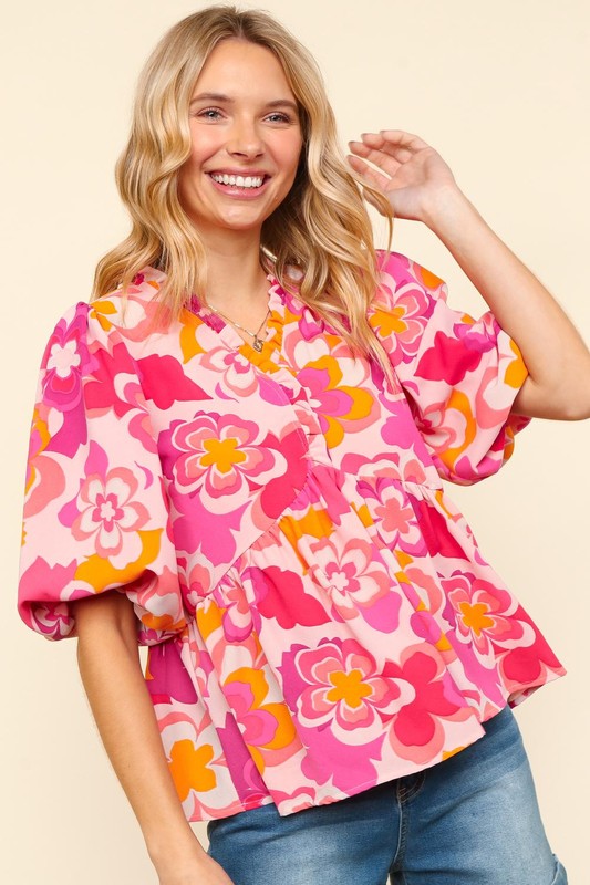 Haptics Full Size Frill Floral Puff Sleeve Blouse Blouses & Shirts JT's Designer Fashion