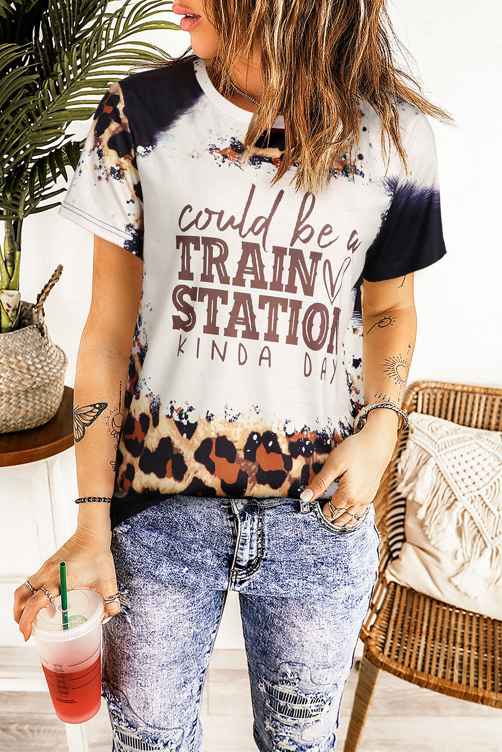 Brown TRAIN STATION Graphic Leopard Print T Shirt Graphic Tees JT's Designer Fashion