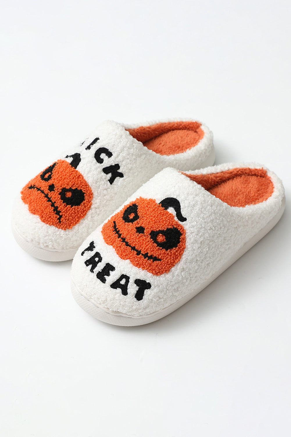 White Halloween Pumpkin Trick Or Treat Plush Slippers Slippers JT's Designer Fashion