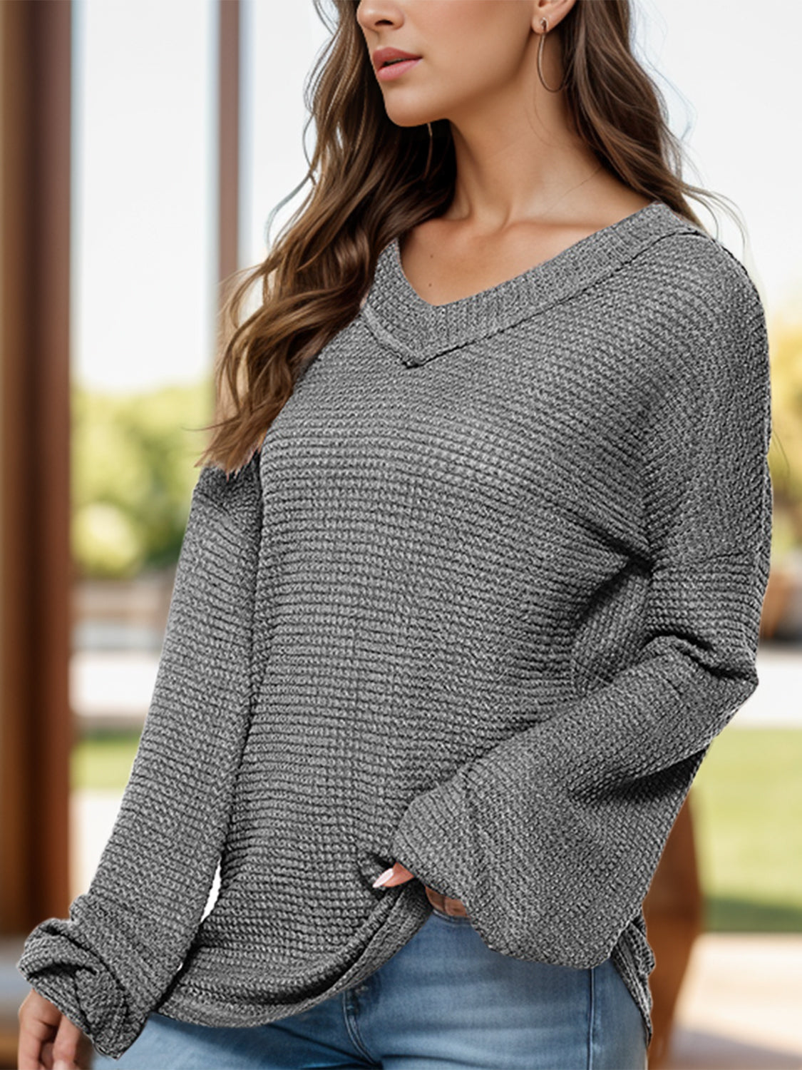 Dropped Shoulder Long Sleeve Knit Top Dark Gray Long Sleeve Tops JT's Designer Fashion