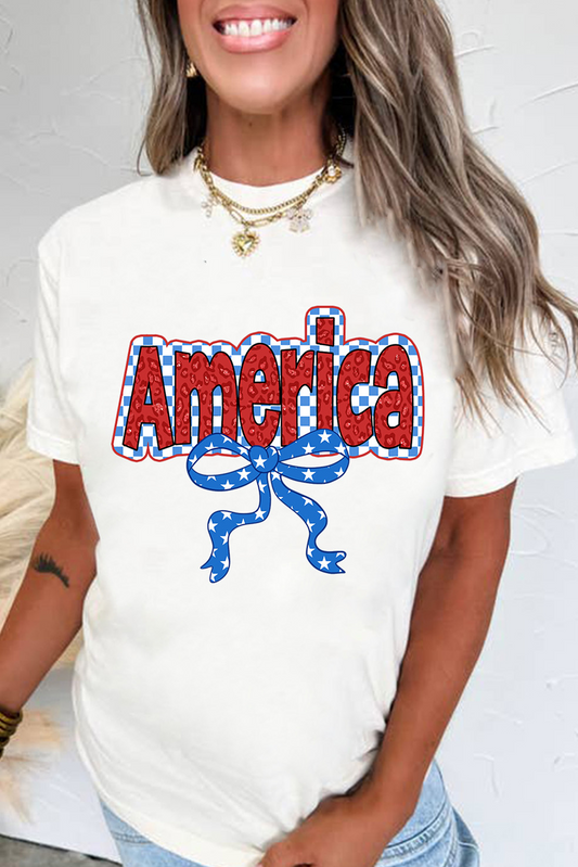 White Funky America Letter Bow Printed T Shirt Graphic Tees JT's Designer Fashion