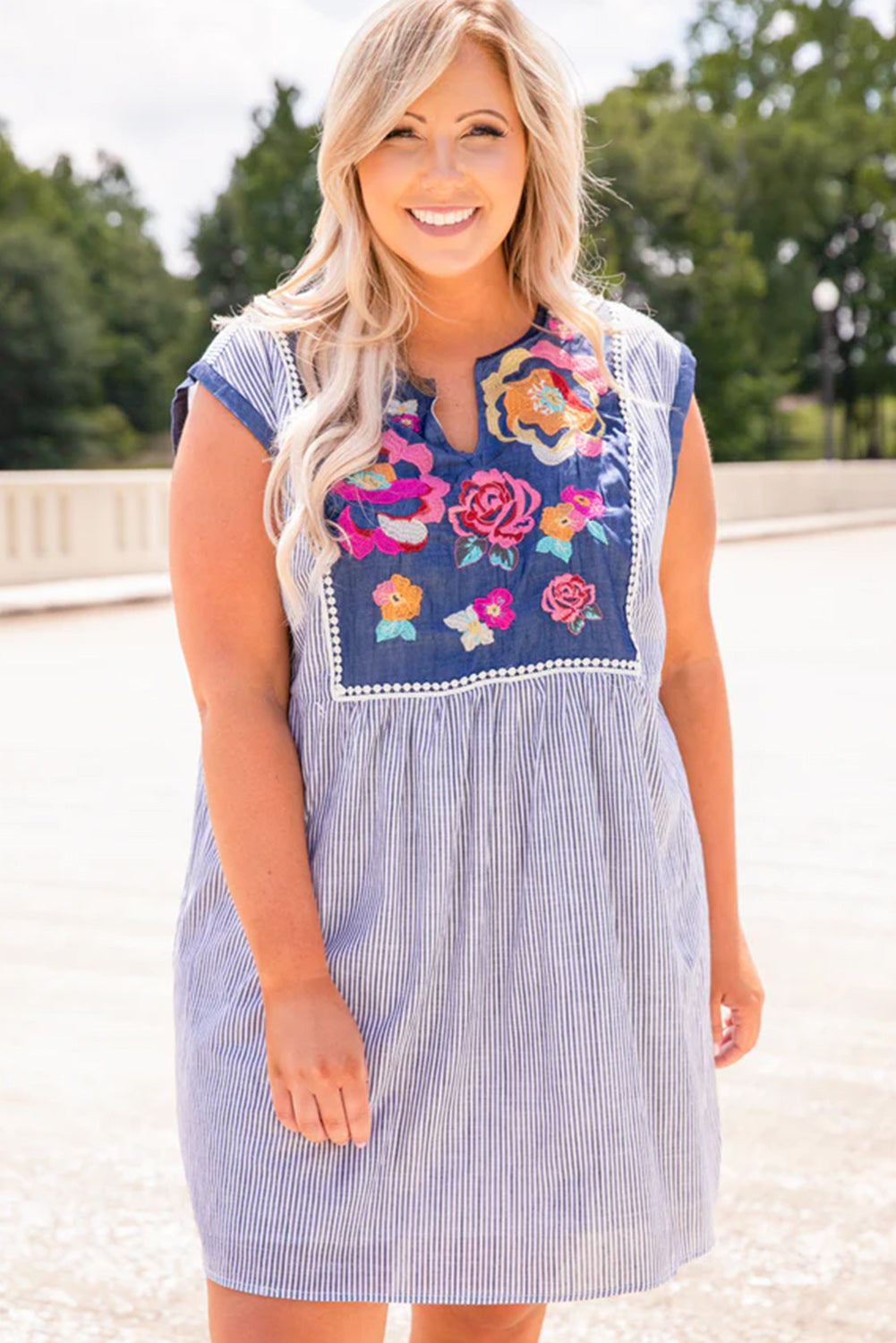 Blue Stripe Blossoms Cap Sleeve Plus Size Dress Plus Size JT's Designer Fashion