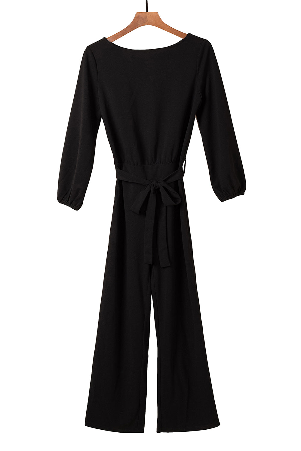 Black Boat Neck Bubble Sleeve Straight Legs Jumpsuit with Belt Tie Jumpsuits & Rompers JT's Designer Fashion