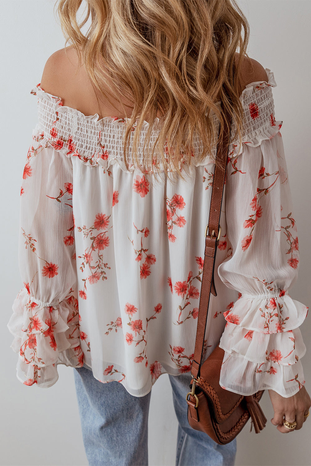 White Floral Print Shirred Off Shoulder Ruffled Sleeve Blouse Blouses & Shirts JT's Designer Fashion