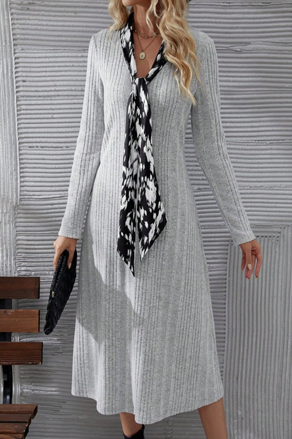 V-Neck Long Sleeve Midi Dress Gray Midi Dresses JT's Designer Fashion