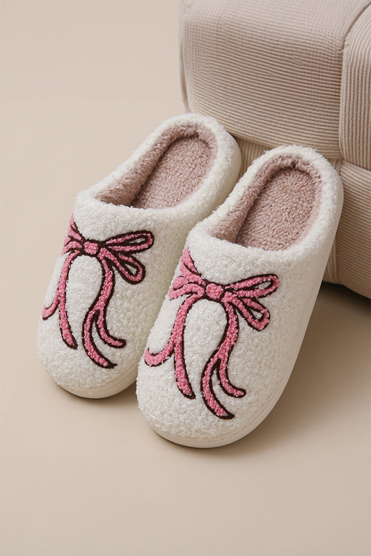 White Bow Knot Pattern Plush Warm Slippers Slippers JT's Designer Fashion