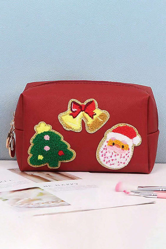 Fiery Red Christmas Pattern Chenille Patched PU Zipper Makeup Bag Makeup Bags JT's Designer Fashion