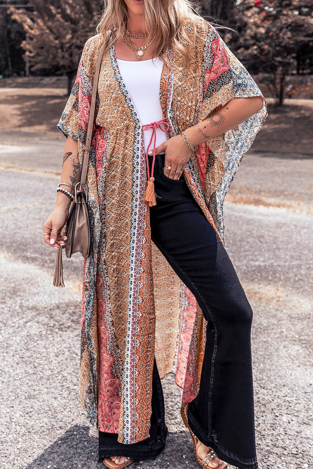 Pink Retro Printed Boho Duster Kimono Outerwear JT's Designer Fashion