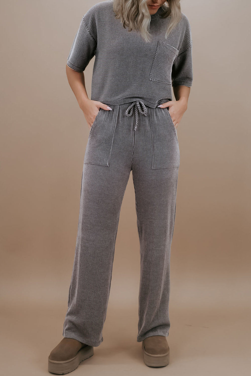 Dark Grey Ribbed Knit Pocketed Tee and Lace-up High Waist Pants Set Bottoms JT's Designer Fashion