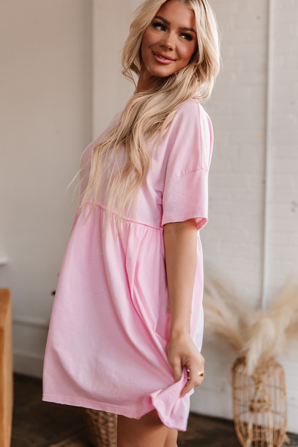 Light Pink Solid Color Pocketed Raw Edge Babydoll Dress Mini Dresses JT's Designer Fashion