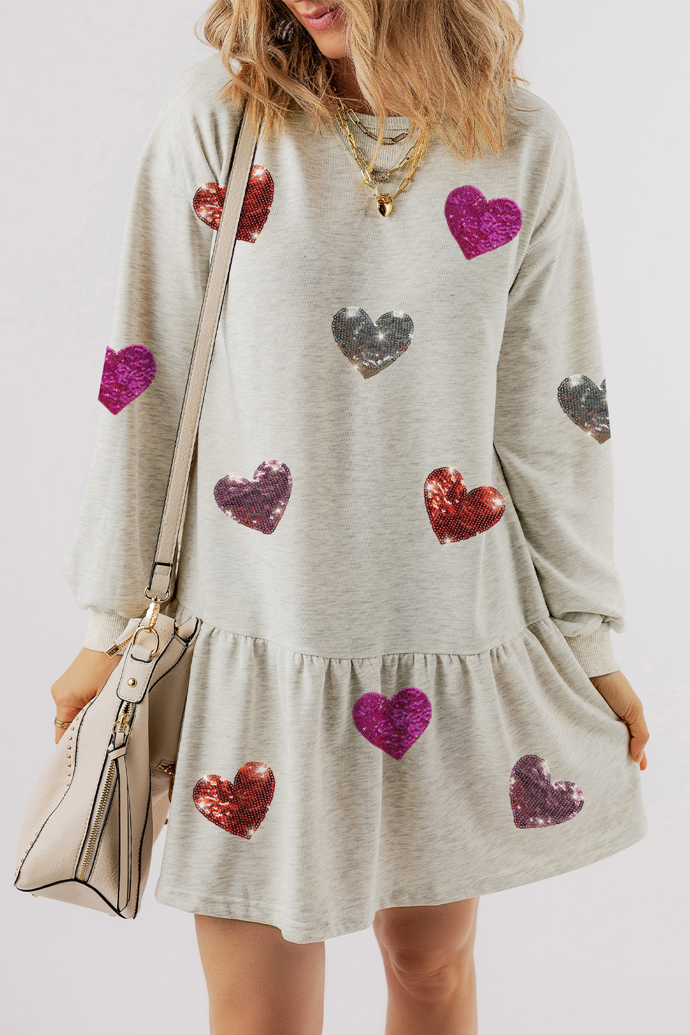 White Shiny Heart-shape Ruffled Knit Mini Dress Graphic Dresses JT's Designer Fashion