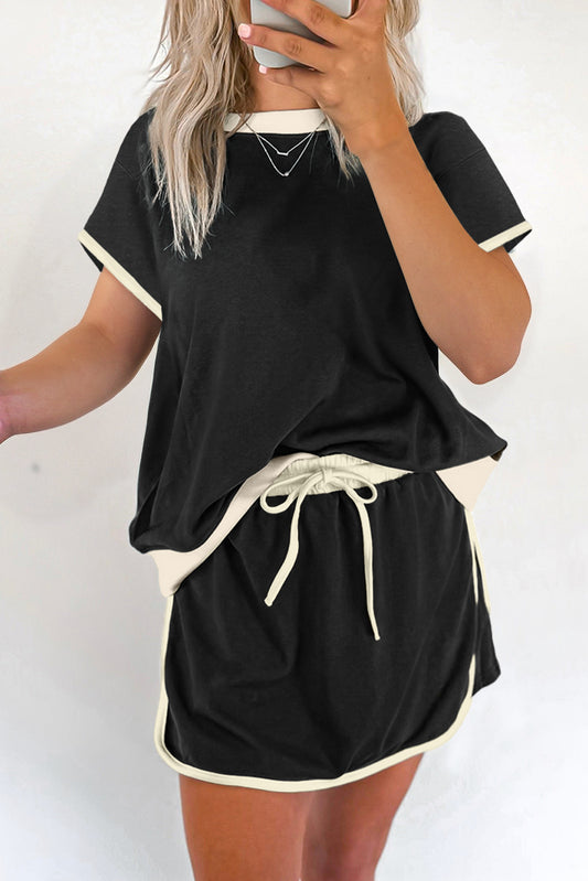 Black Colorblock Edge Drop Shoulder T Shirt and Skort 2Pcs Set Two Piece Dresses JT's Designer Fashion