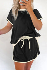 Black Colorblock Edge Drop Shoulder T Shirt and Skort 2Pcs Set Two Piece Dresses JT's Designer Fashion