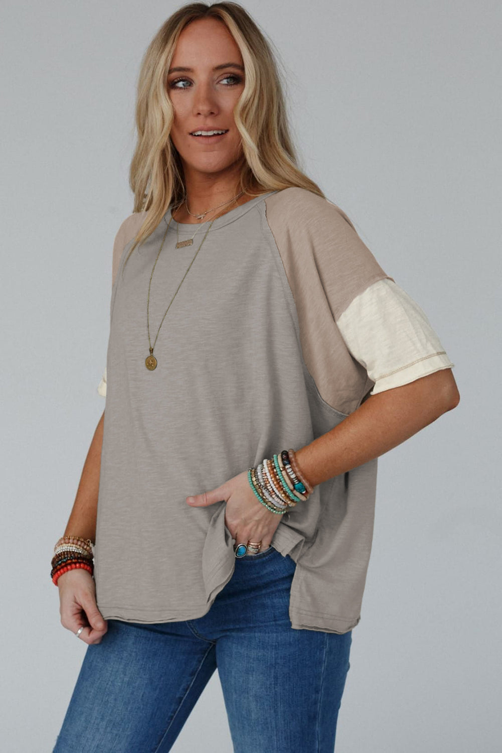 Simply Taupe Exposed Seam Colorblock Loose Tee Tops & Tees JT's Designer Fashion