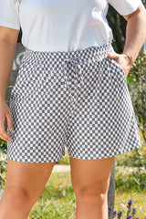 Gray Checkerboard Lace-Up High Waist Plus Size Casual Shorts Gray 95%Polyester+5%Elastane Plus Size Bottoms JT's Designer Fashion