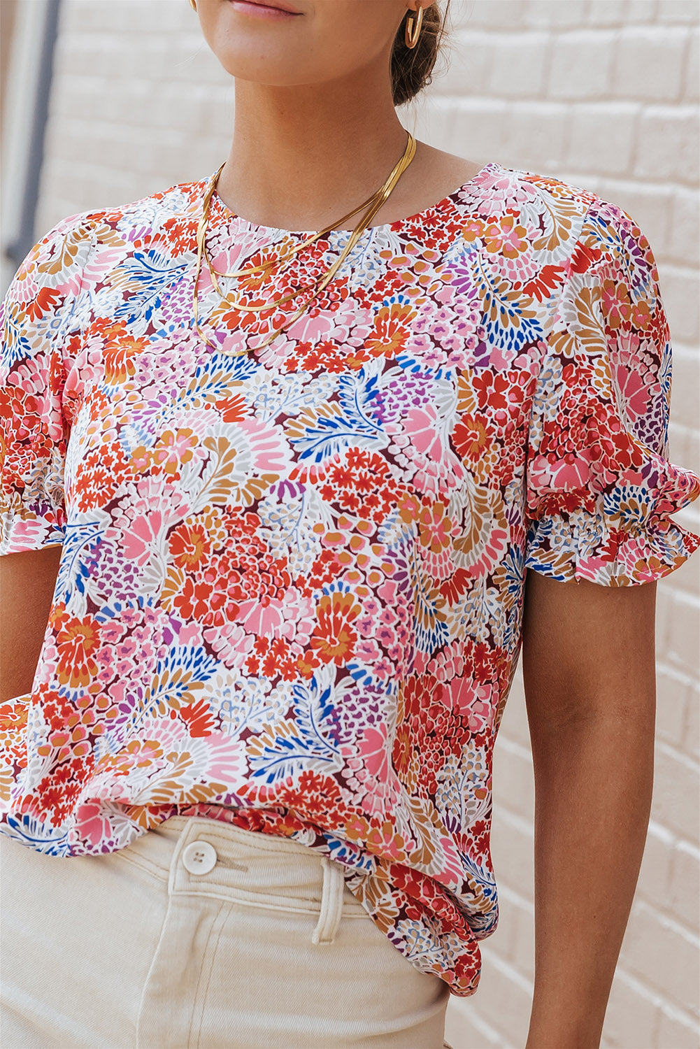 Multicolor Mix Floral Pattern Bubble Sleeve Blouse Blouses & Shirts JT's Designer Fashion