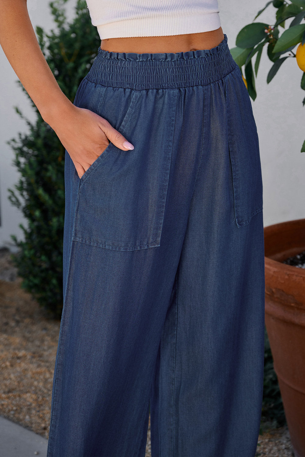 Sail Blue Side Pockets Frilled Smocked High Waist Wide Leg Jeans Jeans JT's Designer Fashion