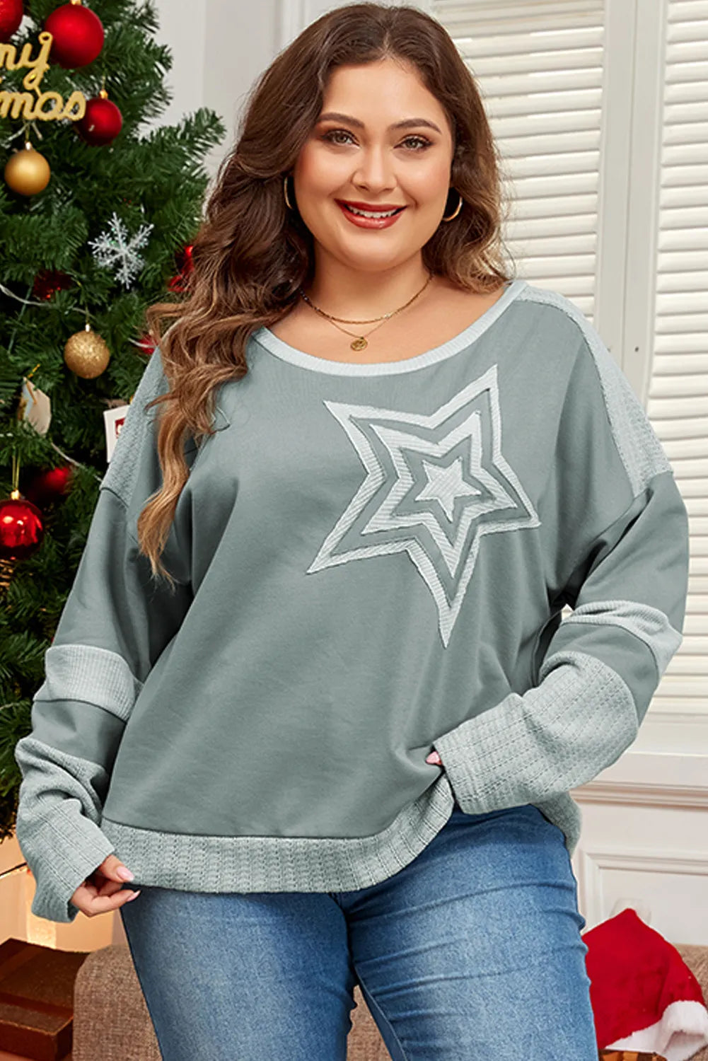 Plus Size Star Round Neck Long Sleeve Top Long Sleeve Tops JT's Designer Fashion